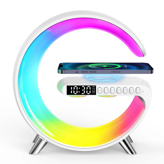 Bluetooth Atmosphere Lamp Alarm Clock, 15W Fast Wireless Charger, Dimmable Night Light