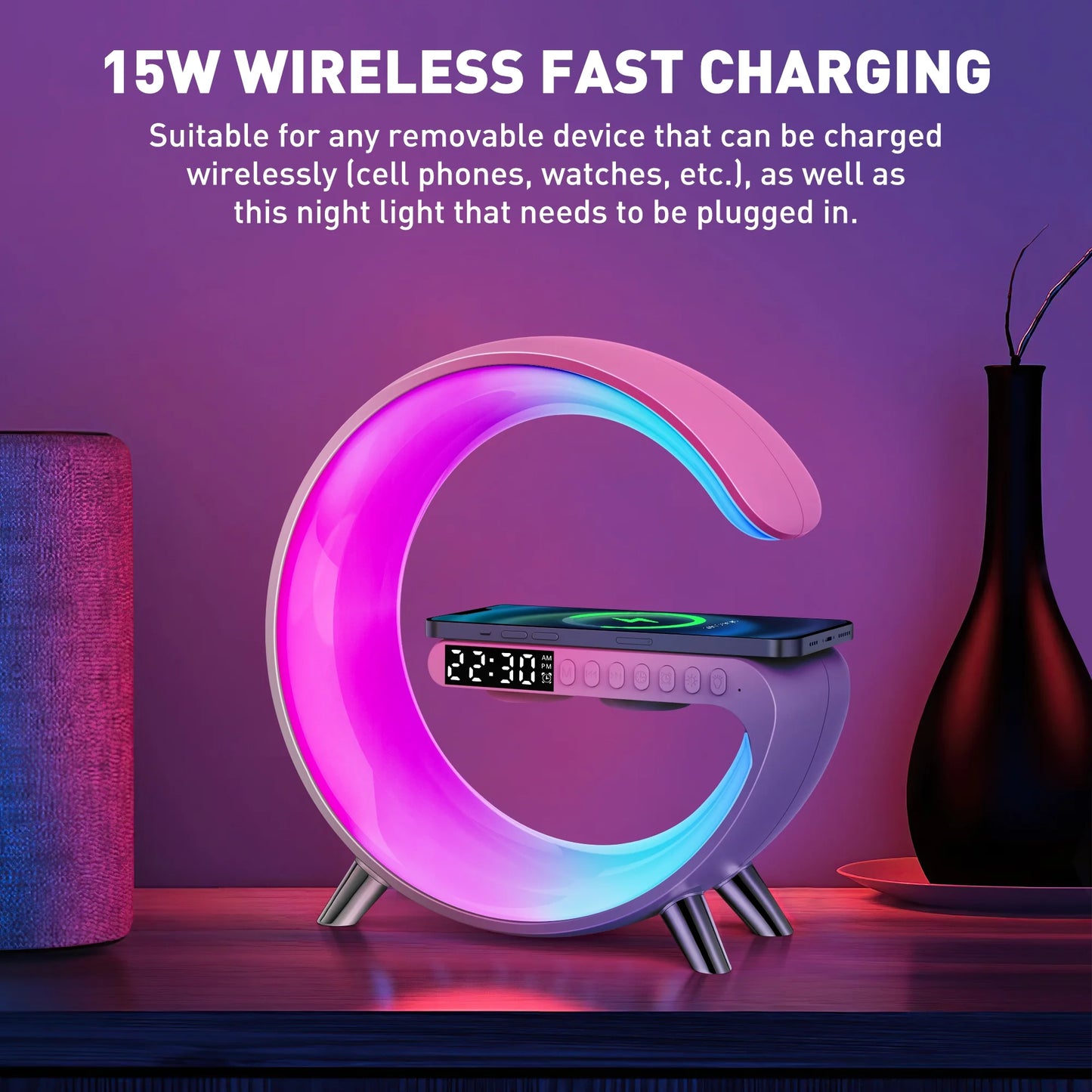Bluetooth Atmosphere Lamp Alarm Clock, 15W Fast Wireless Charger, Dimmable Night Light