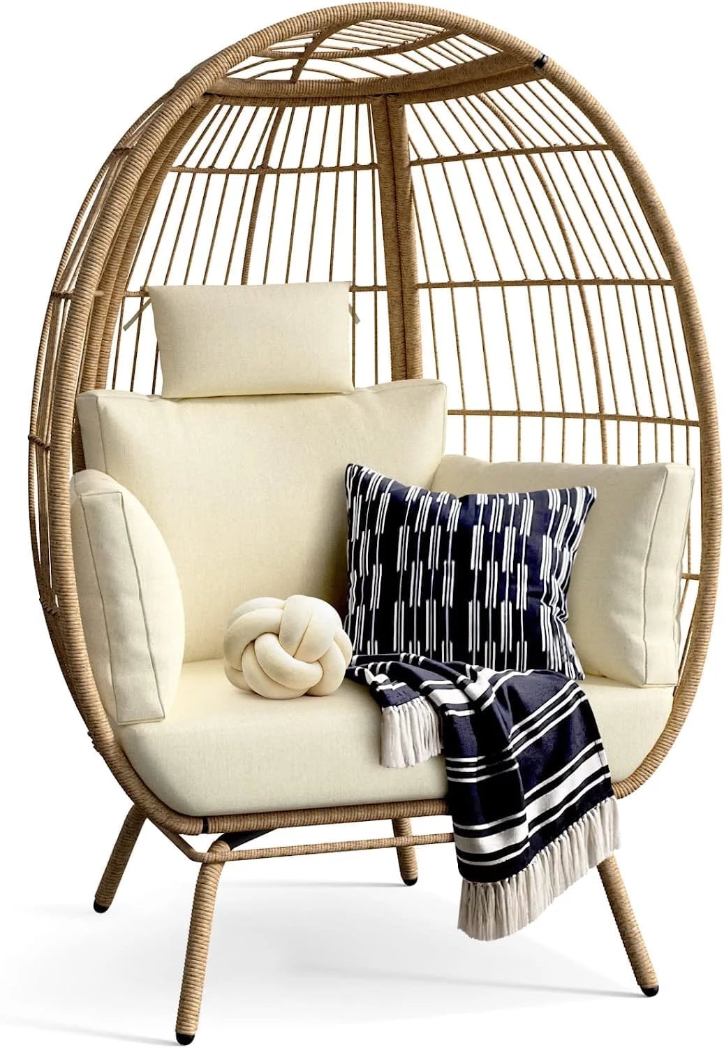 Wicker Outdoor Narrow Egg Chair, Patio Rattan Basket Chair with Stand & Cushion Cocoon Chair - Gray