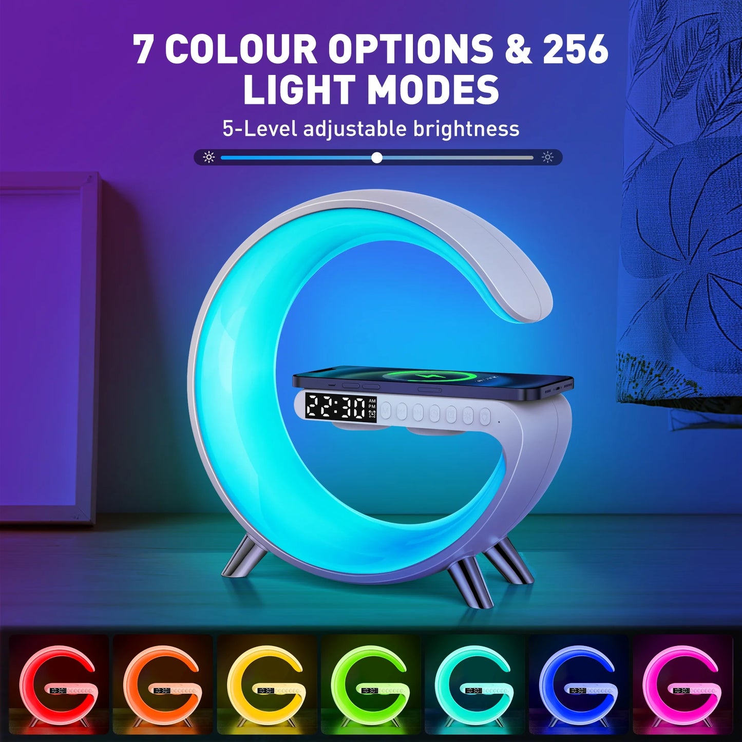 Bluetooth Atmosphere Lamp Alarm Clock, 15W Fast Wireless Charger, Dimmable Night Light