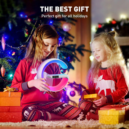 Bluetooth Atmosphere Lamp Alarm Clock, 15W Fast Wireless Charger, Dimmable Night Light