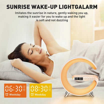 Bluetooth Atmosphere Lamp Alarm Clock, 15W Fast Wireless Charger, Dimmable Night Light