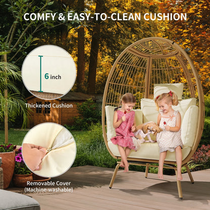 Wicker Outdoor Narrow Egg Chair, Patio Rattan Basket Chair with Stand & Cushion Cocoon Chair - Gray