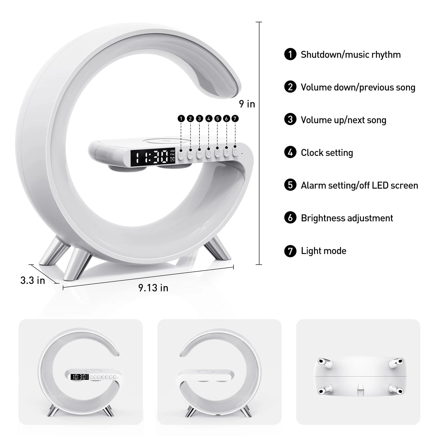 Bluetooth Atmosphere Lamp Alarm Clock, 15W Fast Wireless Charger, Dimmable Night Light