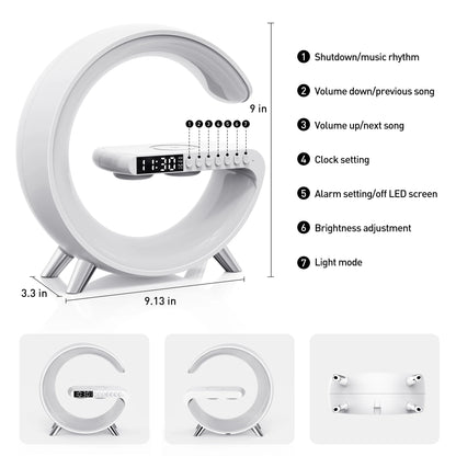 Bluetooth Atmosphere Lamp Alarm Clock, 15W Fast Wireless Charger, Dimmable Night Light