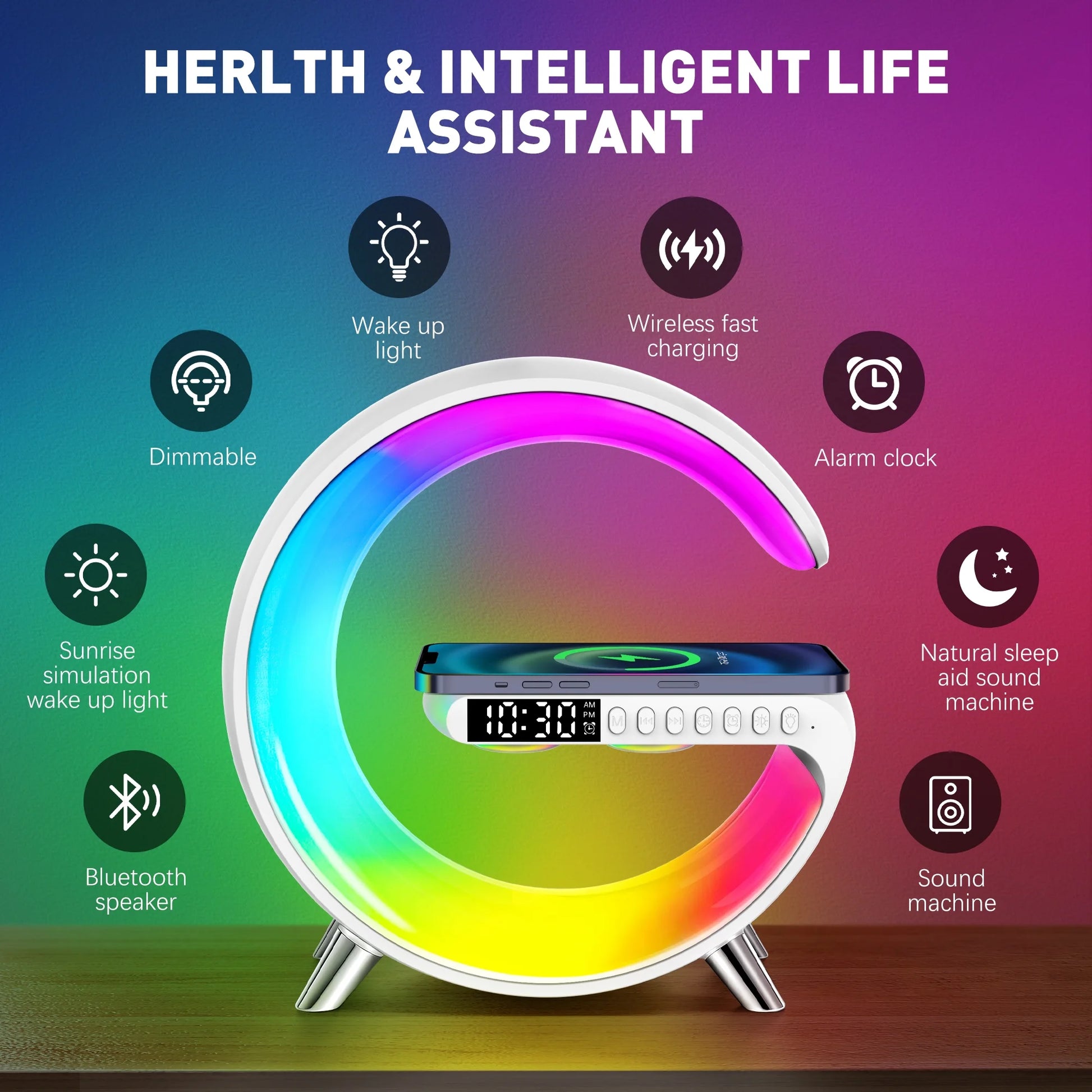 Bluetooth Atmosphere Lamp Alarm Clock, 15W Fast Wireless Charger, Dimmable Night Light