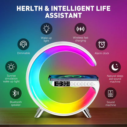 Bluetooth Atmosphere Lamp Alarm Clock, 15W Fast Wireless Charger, Dimmable Night Light